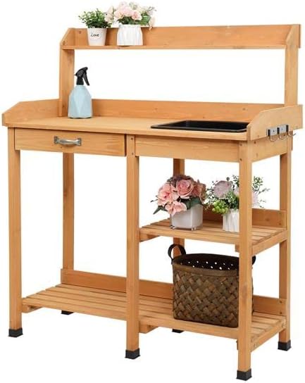 Multi-Use Table Work Station Planting Table Potting Patio Balcony Outdoor Garden Bench Tabletop w/Sink Shelves Solid Wood Construction Deck for People-Plant Pots