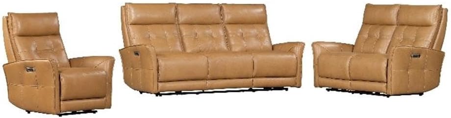 Pemberly Row Lucca Power Reclining Sofa Set, Butterscotch Top-Grain Leather Finish, Includes Power Sofa, Loveseat & Recliner, Zero-Gravity Design, USB Charger, Cordless Battery, Durable Living Room