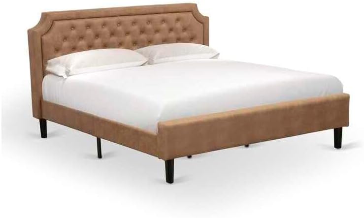 HomeStock Handmade Home 3 Piece Bedroom Set with Button Tufted King Size Bed and 2 Distressed Jacobean Small Nightstands Brown Faux Leather with Brown Texture and Black Legs