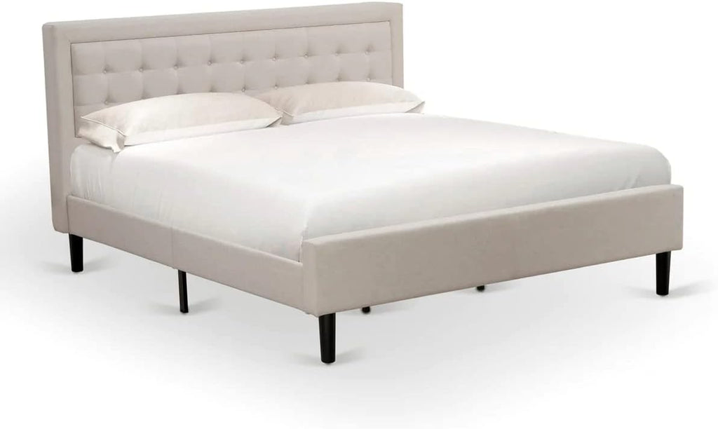 East West Furniture FN08K-2DE07 3-Piece Fannin King Size Bedroom Set with 1 King Size Bed Frame and 2 Mid Century Nightstands - Reliable and Sturdy Manufacturing - Mist Beige Linen Fabric