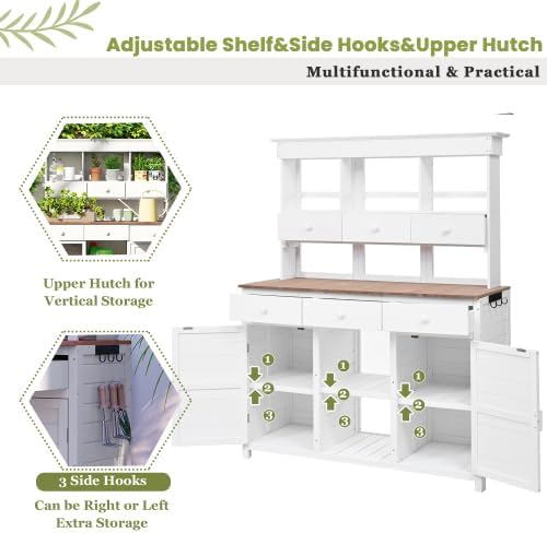 65.7'' H Tall Garden Potting Bench Table with Hutch,Patio Storage Workstation with 3 Shelves,6 Drawers,2 Bottom Cabinets&Side Hooks for Mudroom,Doorway (White, 65.7'')