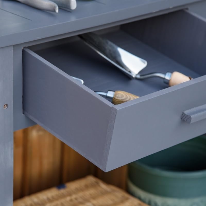 Grey Potting Bench Table, Garden Work, Outdoor Wooden Workstation with Tiers of Shelves and Drawer