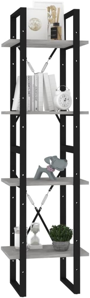 4-Tier Industrial Bookshelf, Modern Book Cabinet with Concrete Gray and Black Finish, Tall Storage Rack for Living Room, Home Office, Bedroom, 55.1 Inch Height