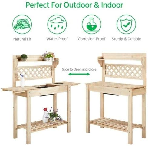 Multi-Function Desk Workstation Potting Bench Table w/Sliding Tabletop w/Removable Sink, Garage Indoor Outdoor Garden Wooden Patio Balcony