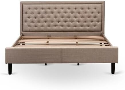 HomeStock Asian Allure 2 Pc Wooden Bedroom Set 1 King Size Bed Dark Khaki Linen Fabric Padded and Button Tufted Headboard 1 Nightstand with Wood Drawers Black Finish Legs