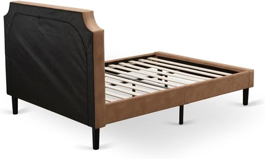 East West Furniture GB28F-1GA07 2-Piece Granbury Full Size Bed Set with Button Tufted Upholstered Bed and 1 Distressed Jacobean Modern Nightstand - Brown faux Leather with Brown Texture and Black Legs