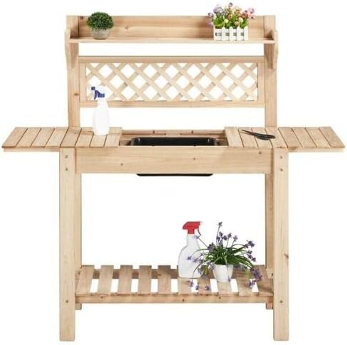 Multi-Function Desk Workstation Potting Bench Table w/Sliding Tabletop w/Removable Sink, Garage Indoor Outdoor Garden Wooden Patio Balcony