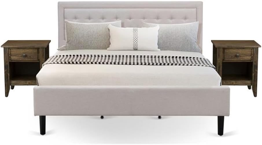 East West Furniture FN08K-2GA07 3-Piece Platform King Size Bedroom Set with 1 Mid Century Bed and 2 Modern Nightstands - Reliable and Sturdy Manufacturing - Mist Beige Linen Fabric