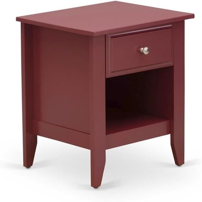 East West Furniture NL19F-1GA13 2 Piece Full Size Bed Set - Button Tufted Platform Bed Frame - Linen white Velvet Fabric Upholstered Headboard and a Burgundy Finish Nightstand