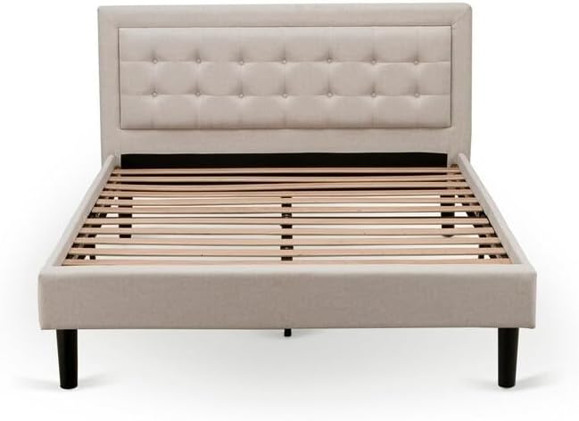 HomeStock Rustic Recluse 2 Piece Bedroom Set with Mist Beige Linen Fabric Headboard and Black Leg Finish Nightstand with USB Outlets White/Queen