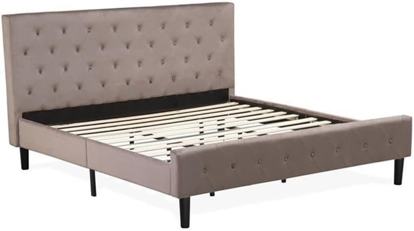 East West Furniture NL14K-2GO11 3 Piece King Size Bed Set - Button Tufted Modern Bed Frame - Brown Taupe Velvet Fabric Upholstered Headboard and a Black Finish Nightstand