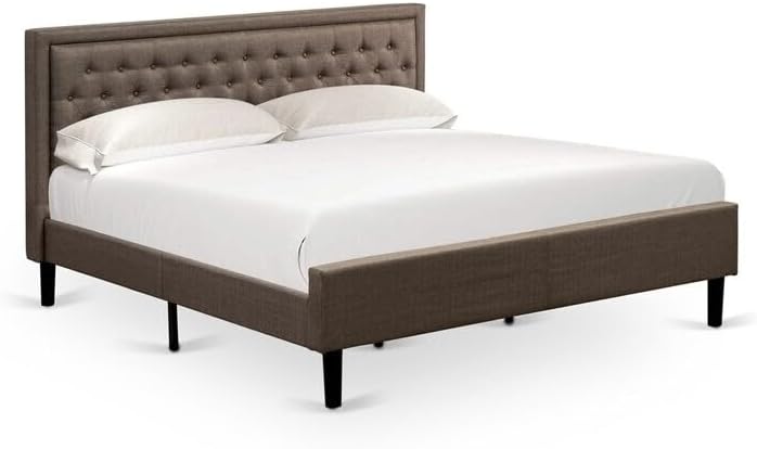 HomeStock Baroque Brilliance 3 Pc Wooden Bedroom Set 1 King Size Platform Bed Brown Linen Fabric Padded and Button Tufted Headboard 2 Night Stand with Wood Drawer Black Finish Legs
