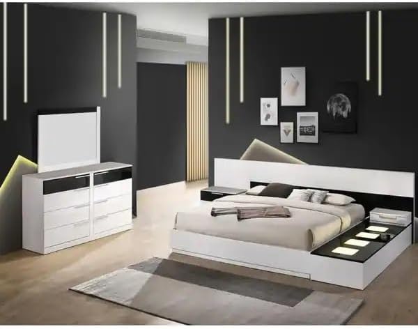 Modern Lacquer 6-Piece California King Bedroom Set with LED Lightbox Console | High Gloss Finish Wood Bedroom Furniture Set, White/Black