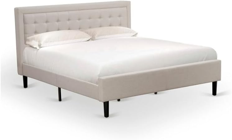 HomeStock Victorian Elegance 3 Piece King Bedroom Set with Mist Beige Linen Fabric Headboard and 2 Burgundy Nightstands Featuring Black Finished Legs