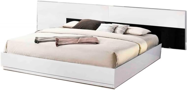 4Pc California King Size Modern Bedroom Set, White/Black Lacquer Finish Wood Bed with 2X Nightstand and Tallboy, Luxury Bedroom Furniture