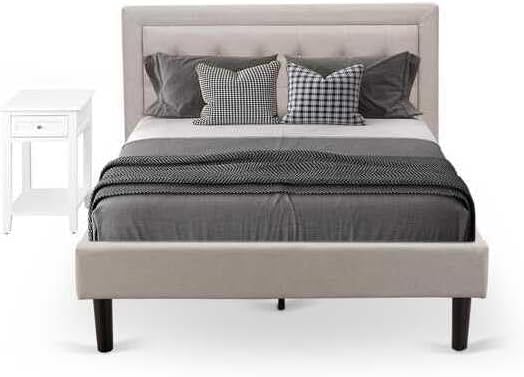 HomeStock Rustic Recluse 2 Piece Bedroom Set with Mist Beige Linen Fabric Headboard and Black Leg Finish Nightstand with USB Outlets White/Full