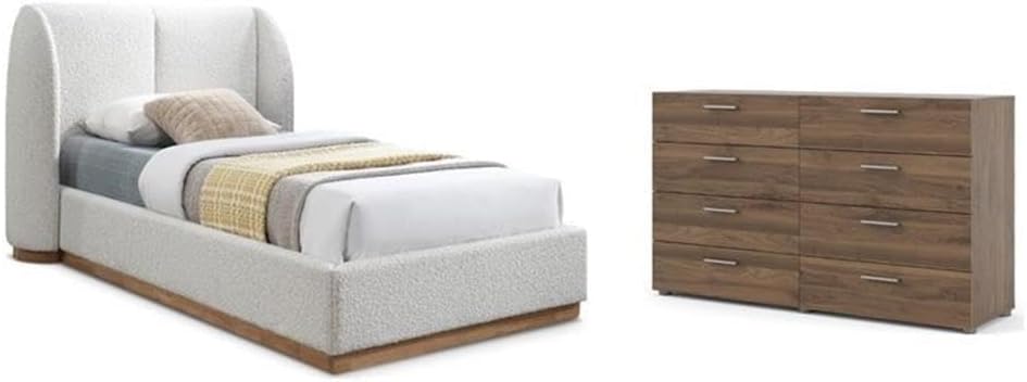 Pemberly Row Set of 2 8-Drawer Double Dresser & Cream Boucle Fabric Twin Bed