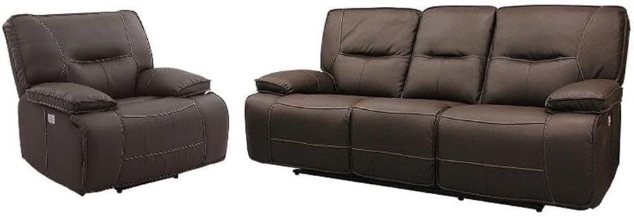Pemberly Row Contemporary Chocolate Power Reclining Sofa and Chair Set, High-Performance Upholstery, USB Charger, Wall-Hugger Design, 88 in Sofa and 42 in Chair, Living Room Furniture