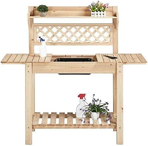 Prov Garden Potting Bench Table w/Sliding Tabletop Workstation w/Removable Sink Outside Patio Furniture Gardening Bench Gardening Table Curved Bench Small Porch Bench