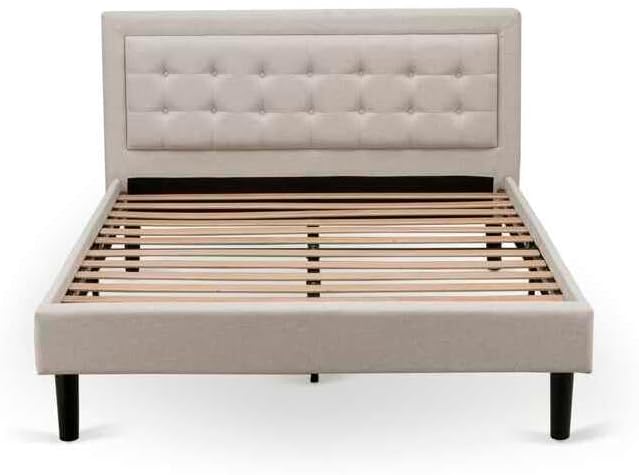 HomeStock Rustic Recluse 2 Piece Bedroom Set with Mist Beige Linen Fabric Headboard and Black Leg Finish Nightstand with USB Outlets White/Queen