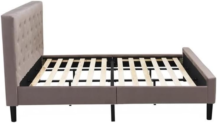 East West Furniture NL14K-2GO11 3 Piece King Size Bed Set - Button Tufted Modern Bed Frame - Brown Taupe Velvet Fabric Upholstered Headboard and a Black Finish Nightstand