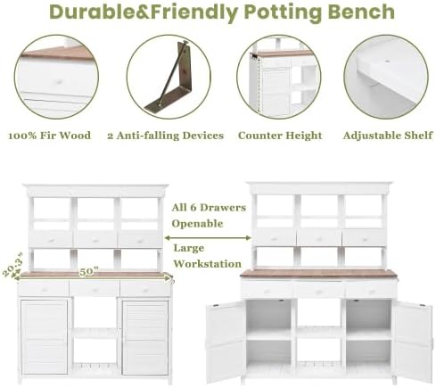 65.7'' H Tall Garden Potting Bench Table with Hutch,Patio Storage Workstation with 3 Shelves,6 Drawers,2 Bottom Cabinets&Side Hooks for Mudroom,Doorway (White, 65.7'')