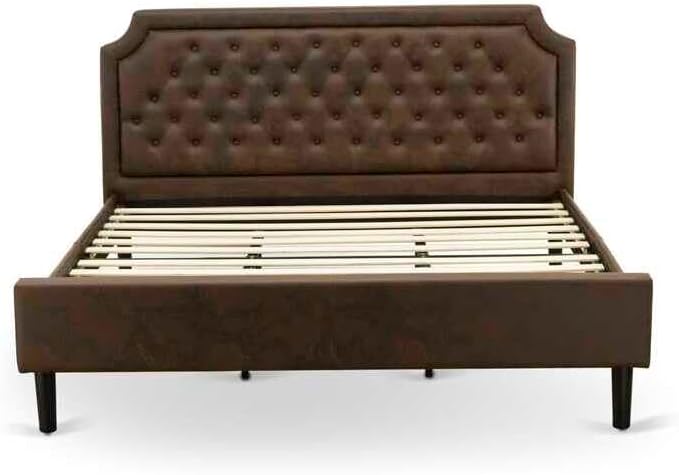 HomeStock Timeless Tradition 2-Piece Platform King Bedroom Set with Button Tufted Bed Frame and 1 Distressed Jacobean End Table - Dark Brown Faux Leather with Black Texture and Black Legs