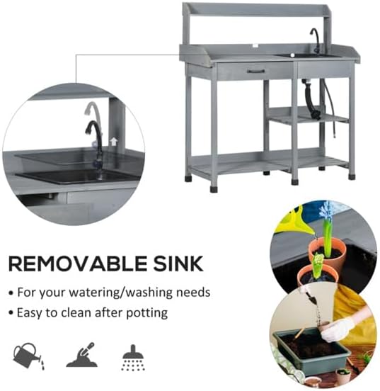 Outdoor Garden Work Bench with Sink and Storage – Potting Table with Drawer, Shelves, Hooks, and Waterproof Fir Wood for Gardening (Gray, Large)