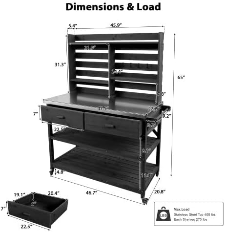 64.9-Inch Tall Outdoor Potting Bench with Lockable Wheels & Upper Hutch | Solid Wood Garden Workstation with Stainless Steel Top and Towel Rack | Mobile Storage for Grilling and Lawn Care (Black)