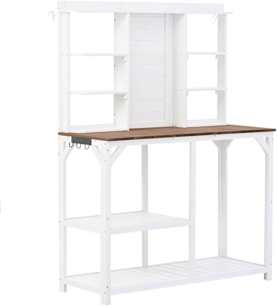 64.6' Large Outdoor Potting Bench, Wood Workstation with 6-Tier Shelves, Tabletop and Side Hook(E)