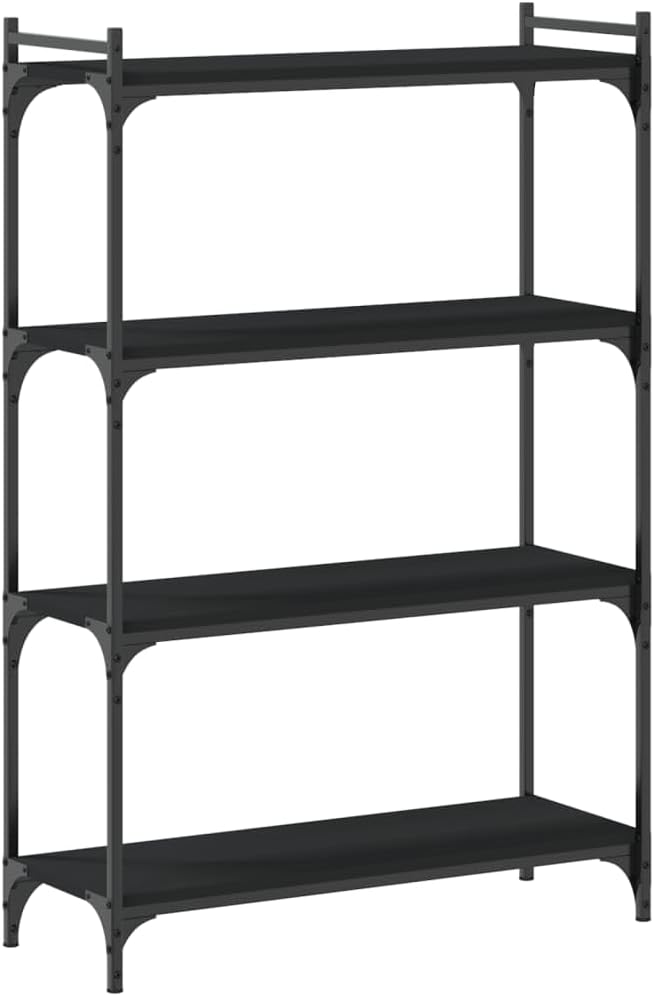 4-Tier Industrial Bookcase, Black Engineered Wood & Metal Frame, Stable Storage Shelf for Living Room, Office, Bedroom, Adjustable Feet