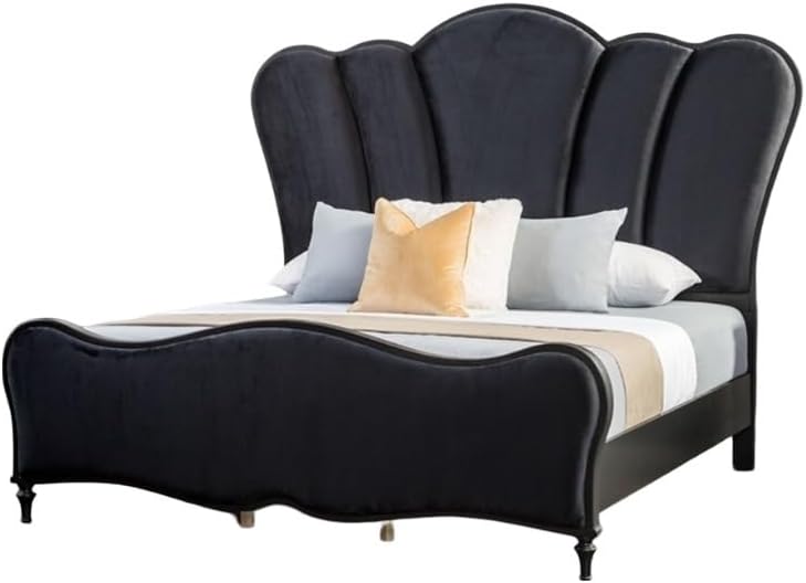 Lovely Bedroom 3pc Set King Size Bed 2X Nightstands Black Fabric Padded HB Wood Legs