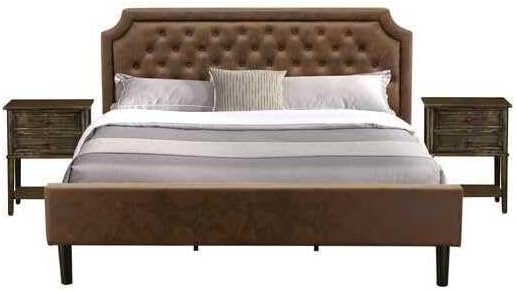 HomeStock Modern Motifs 3 Piece King Size Bedroom Set with a Platform Bed and 2 Distressed Jacobean Bedroom Nightstand Dark Brown Faux Leather with Black Texture and Black Legs