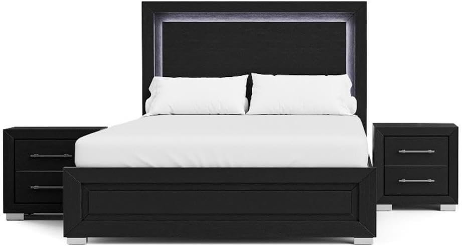 Furniture of America Lyle Modern Solid Wood 3-Piece Bedroom Collection with King Bed Frame and Nightstand Set of 2, Includes LED Light Headboard, Box Spring Required, Black