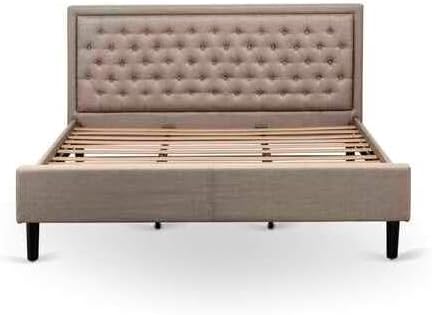 HomeStock Art Deco Dreams 3 Pc Bedroom Set 1 King Size Bed Dark Khaki Linen Fabric Padded and Button Tufted Headboard 2 Mid Century Nightstand with Wood Drawer Black Finish Legs