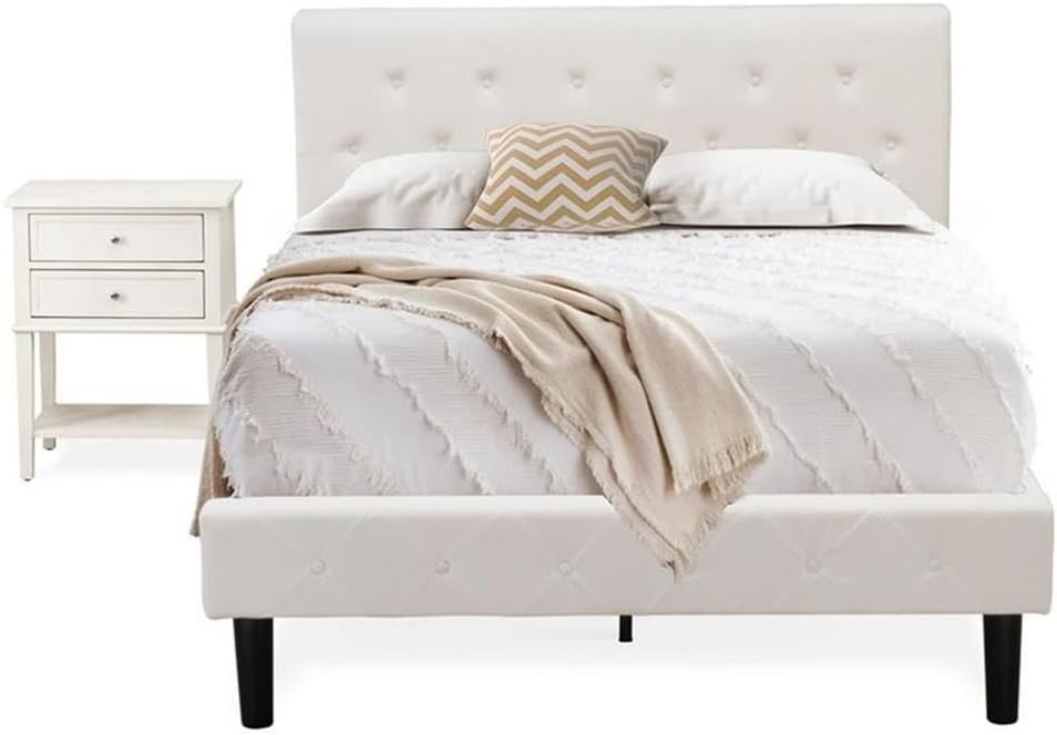 East West Furniture NL19F-1VL0C 2 Piece Bedroom Set - Full Size Button Tufted Bed - Linen white Velvet Fabric Upholstered Headboard and a Wire Brushed Butter Cream Finish Nightstand