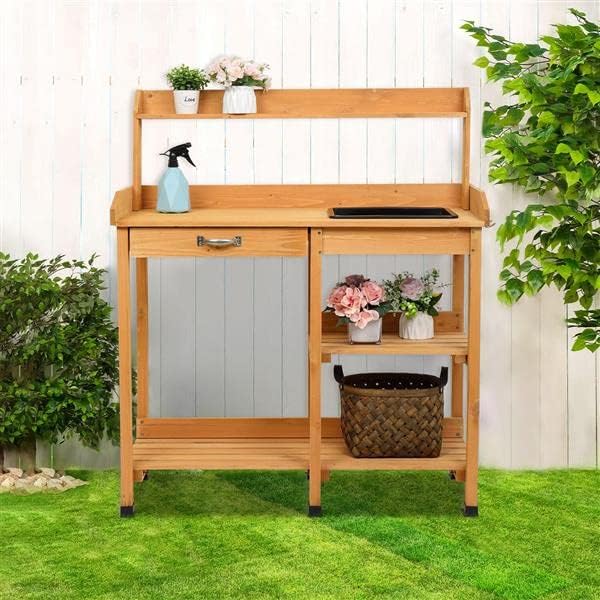 Multi-Use Table Work Station Planting Table Potting Patio Balcony Outdoor Garden Bench Tabletop w/Sink Shelves Solid Wood Construction Deck for People-Plant Pots