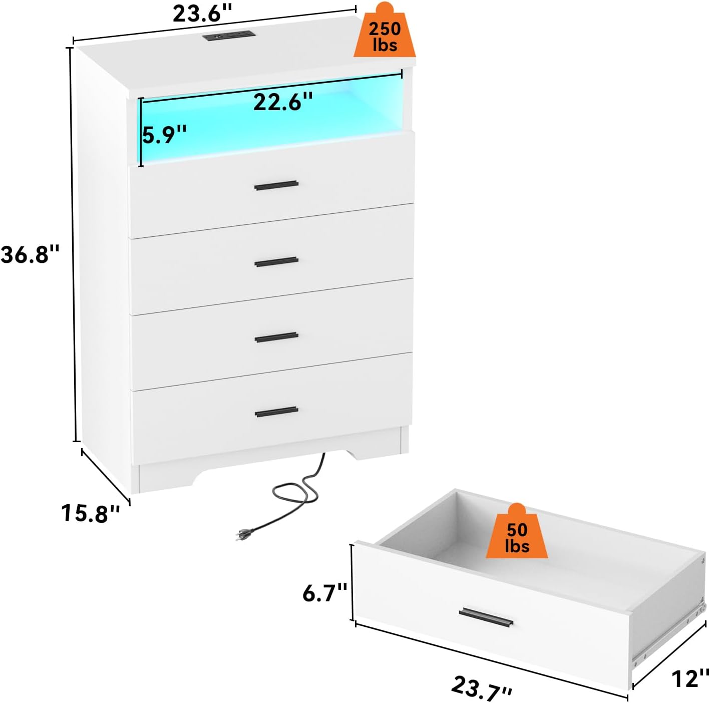 FJTJBSI Dresser with Power Outlets and LED Lights Wooden 4 Drawer Dresser with Large Organizer Tall White Drawer for Bedroom Modern Chest of Drawers Closet for Living Room Kids Room