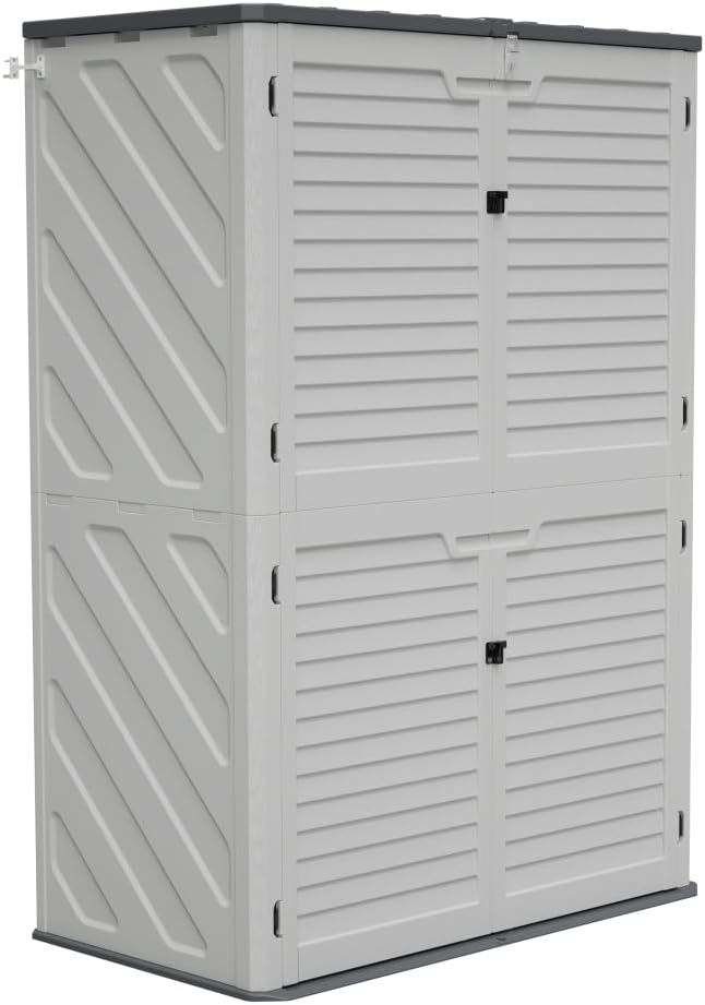 Heavy-Duty Plastic Storage Shed with Floor – Weather-Resistant Outdoor Utility Shed for Garden Tools, Lawn Equipment & Yard Supplies (M-with partitions -White + Plastic)