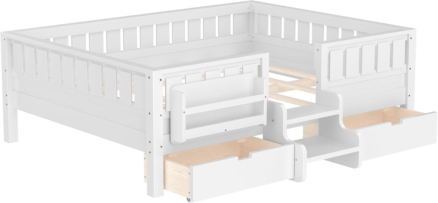 Bellemave Full Size Bed with Slats and Stairs, Full Size Platform Bed Frame with Fence, Bookshelf and Storage Drawers, Easy Assemble Beds for Kids, Girls, Boys, White
