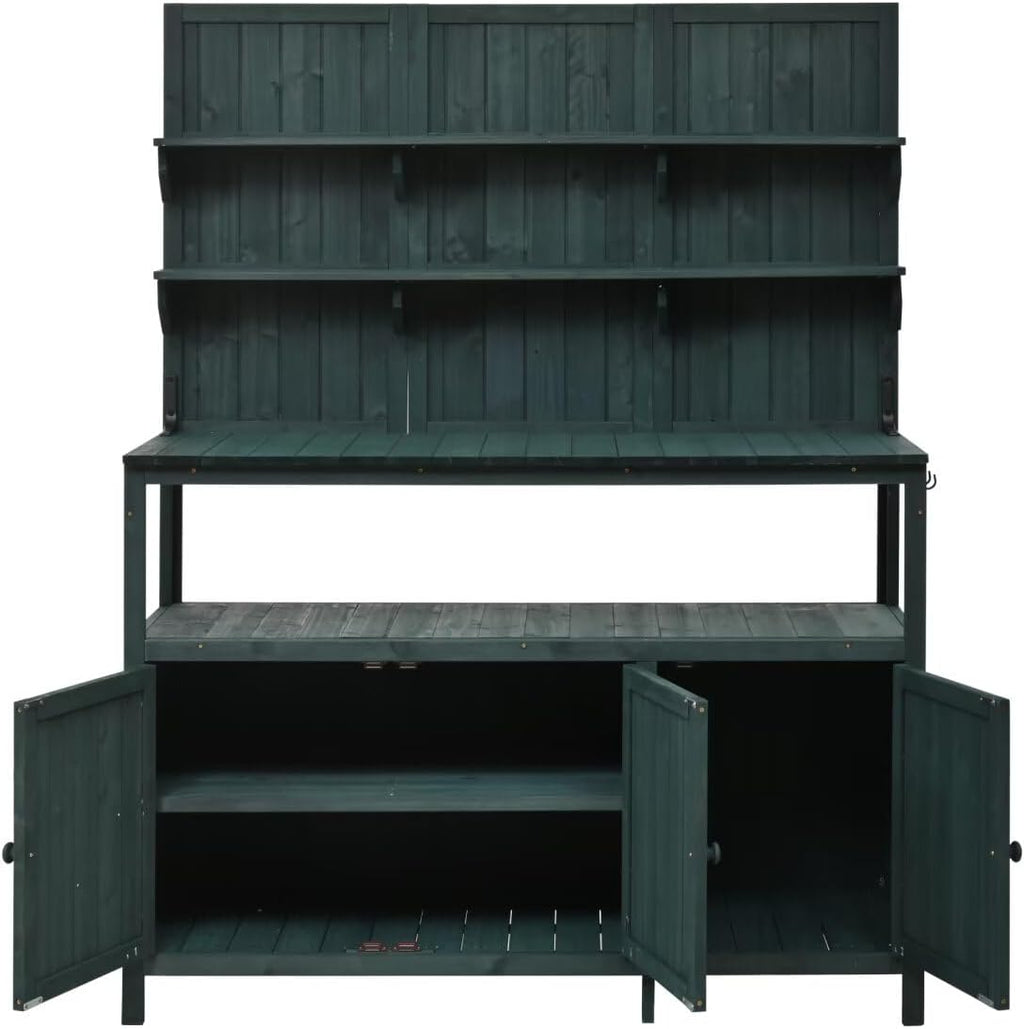 JIJIWANG Potting Bench with Hutch, 50.2' Solid Fir Wood Garden Workstation, Large Countertop, 2 Shelves, 2 Cabinets, 3 Side Hooks, Outdoor Planting Table for Gardening, Forest Green