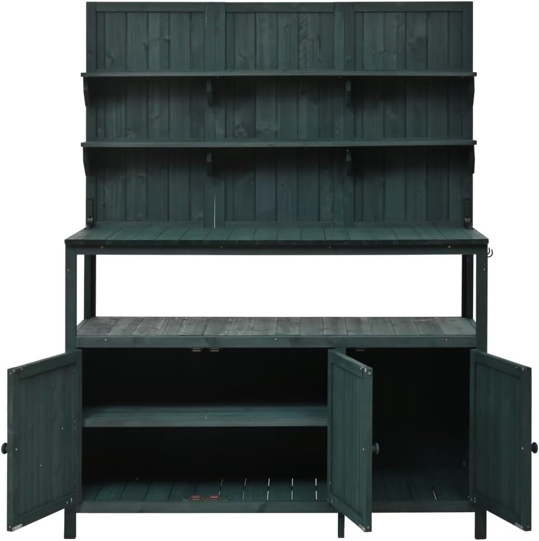 JIJIWANG Potting Bench with Hutch, 50.2' Solid Fir Wood Garden Workstation, Large Countertop, 2 Shelves, 2 Cabinets, 3 Side Hooks, Outdoor Planting Table for Gardening, Forest Green
