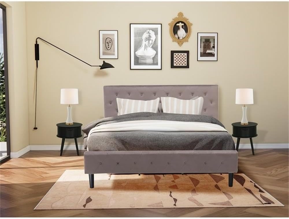 East West Furniture NL14K-2GO11 3 Piece King Size Bed Set - Button Tufted Modern Bed Frame - Brown Taupe Velvet Fabric Upholstered Headboard and a Black Finish Nightstand
