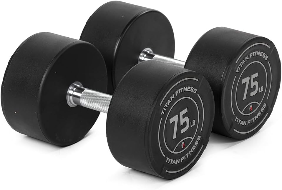 Titan Fitness Round Urethane Dumbbells, Medium Volcano Knurling, 33mm Grip, Easy-to-Read Weight Indicators, Free Weights for Strength Training