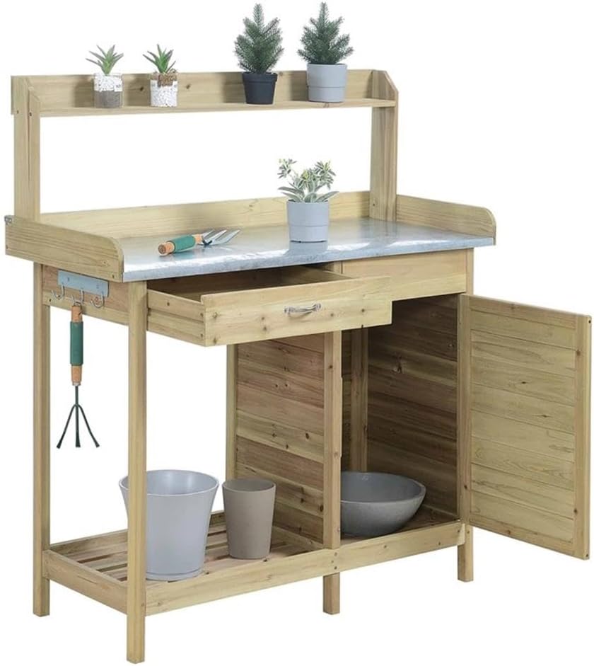 Pemberly Row Deluxe Potting Bench, 49' H x 44' W x 18' D, Natural Fir Wood Finish, Weather Resistant, Cabinet and Drawer, Open Shelf, Spacious Worktop, Pre-Attached Side Hooks, Outdoor Gardening