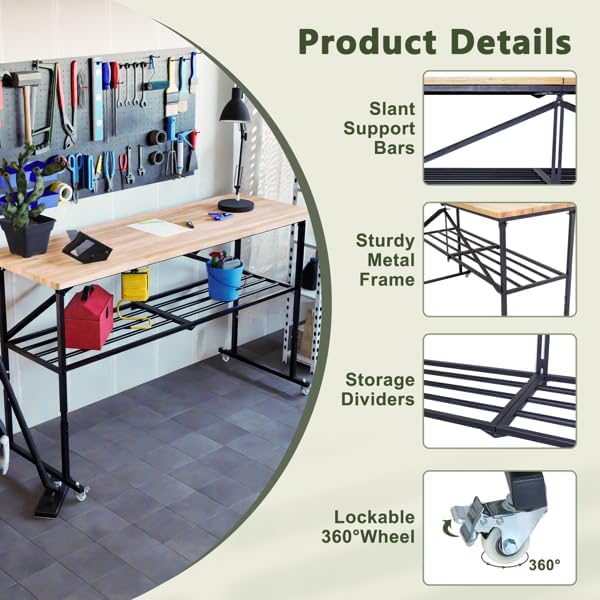 3-Level Height Adjustable Mobile Workbench, Hardwood Top with Steel Frame, Lockable 360° Wheels, Storage Shelf, Workshop Table for Garage, DIY Projects