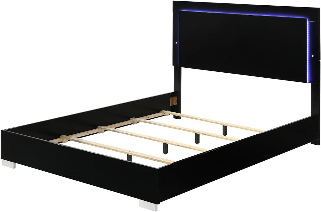 MASARA Contemporary 3-Piece Bedroom Set with Piano Black UV Finish, Chrome Legs, King or Queen Bed with 2 Nightstands, Engineered Wood Construction (King)