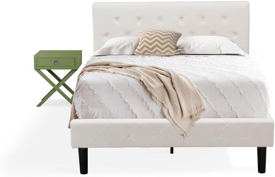 East West Furniture NL19F-1HA12 2 Piece Bedroom Set - Full Size Button Tufted Bed Frame - Linen white Velvet Fabric Upholstered Headboard and a Clover Green Finish Nightstand