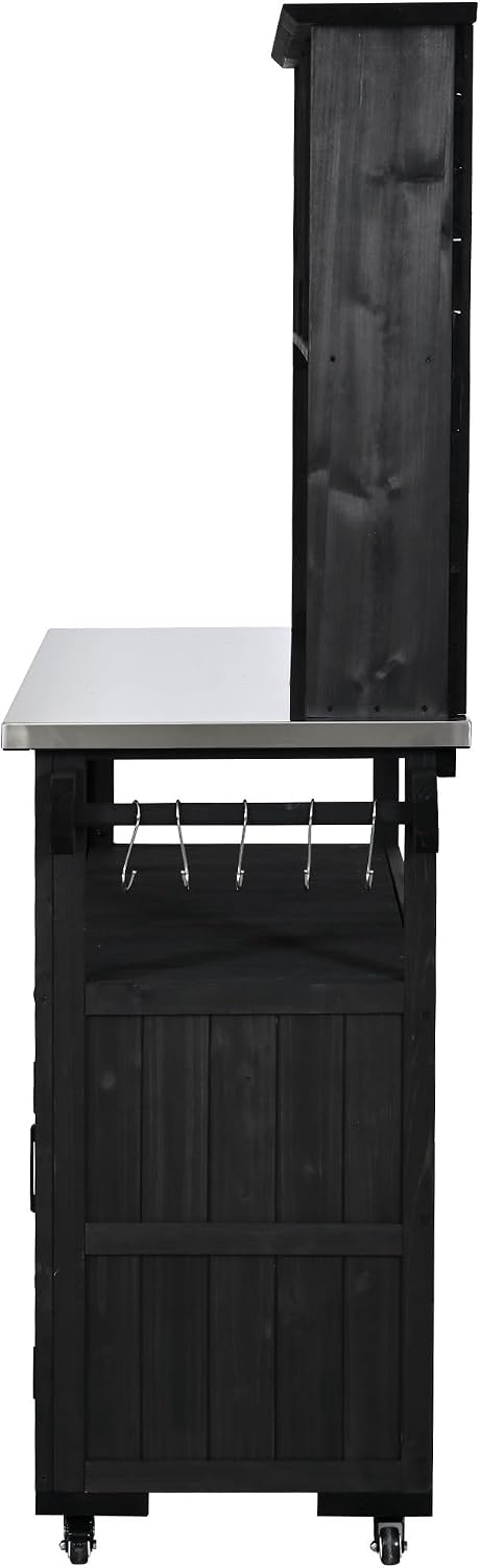 Outdoor Garden Potting Bench, Table Work Bench Metal Tabletop with Potting Bench Table Large Outdoor Kitchen Island Prep Station Cabinet Drawer Open Shelf Natural Wood (Black)
