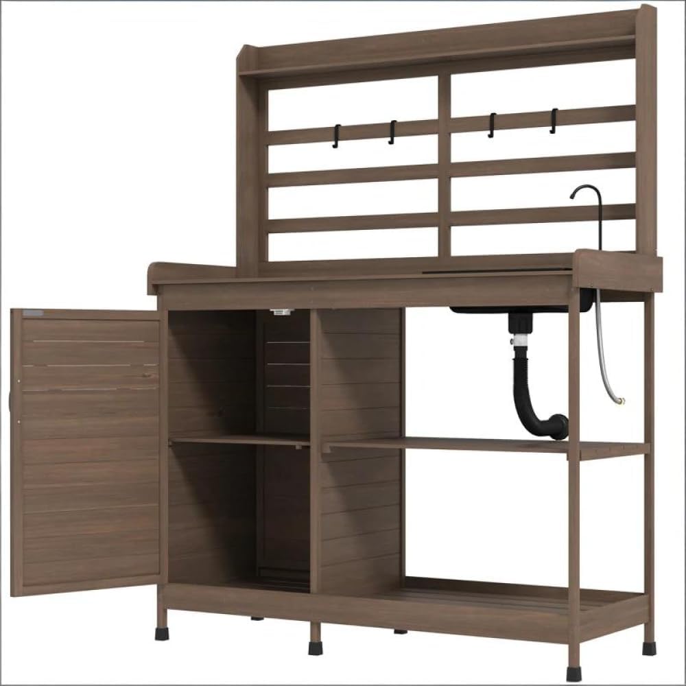 Premium Wooden Potting Bench with Built-in Sink, Adjustable Shelf, Tool Hooks, and Ample Storage for Gardeners (Dark Brown + Wood)